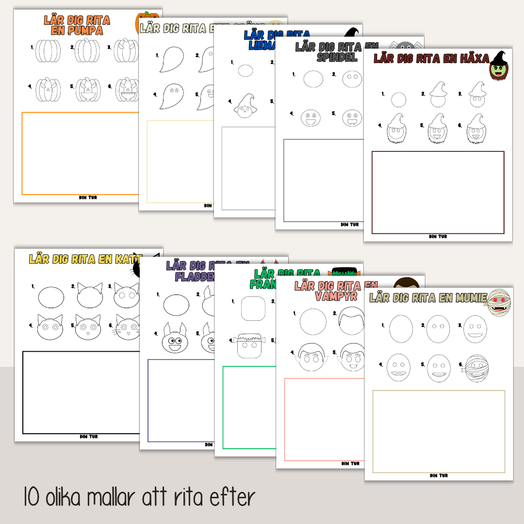 Rita halloweenfigurer – utskrivbara mallar steg för steg för barn