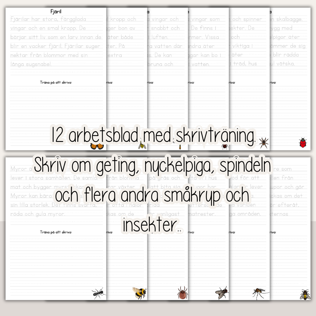 Skrivträning småkryp och insekter – 12 arbetsblad för barn