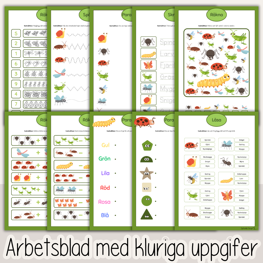 Småkryp & insekter – 53 arbetsblad för barn | läsa, skriva, räkna (förskola & förskoleklass)