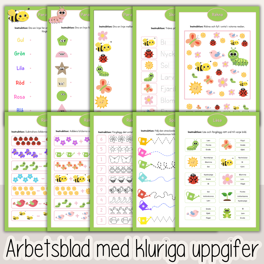 Vårtema – arbetshäfte med 53 arbetsblad för barn | läsa, skriva och räkna