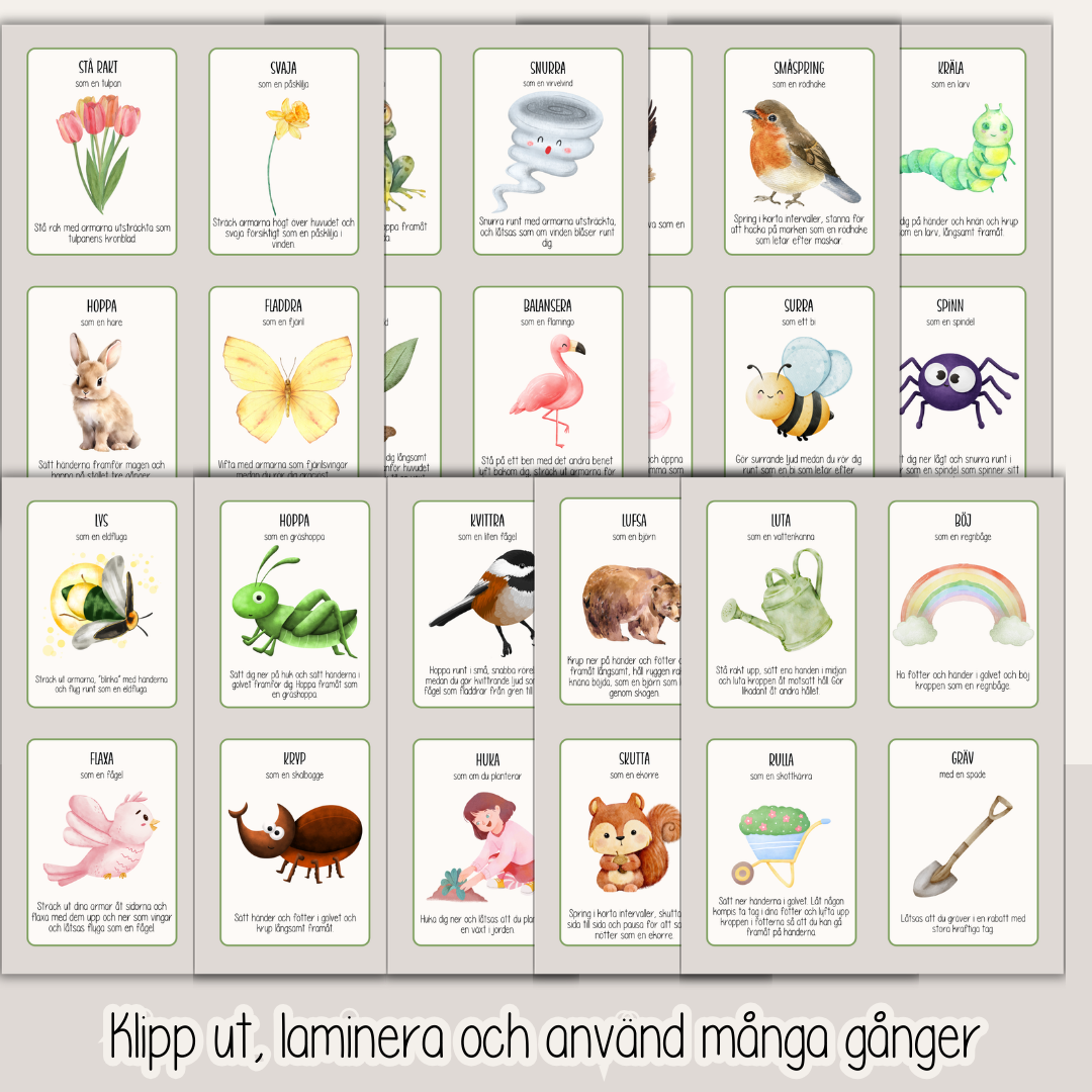 Rörelsekort med vårtema – 36 uppdragskort för rörelselek och idrott