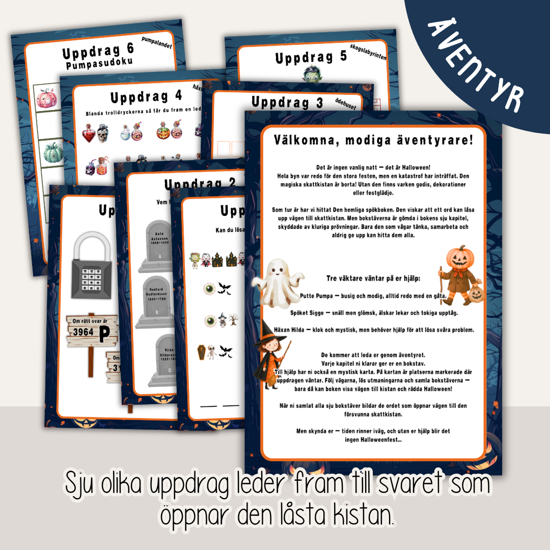 Halloweenäventyr 7-10 år - Äventyret med den hemliga Spökboken - Mysterium - Escape game för barn - Fysisk produkt