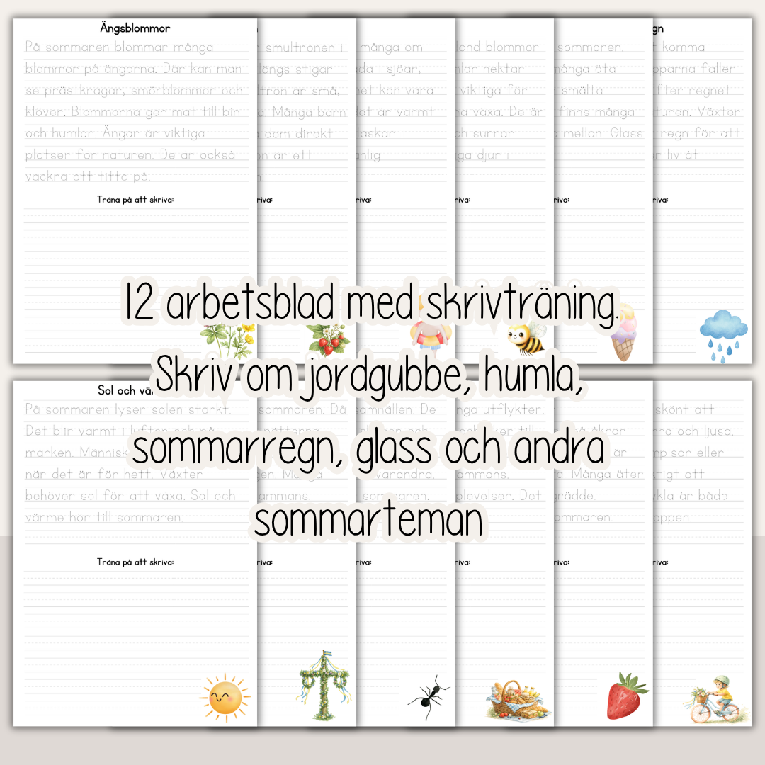 Skriva faktatexter – Sommar | 12 arbetsblad för skrivträning