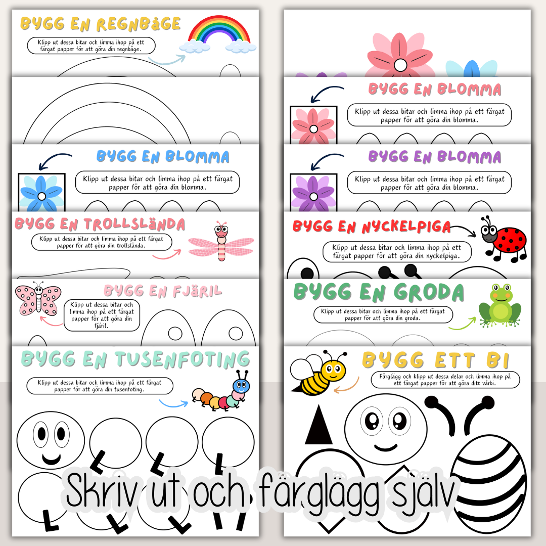 Vårpyssel för barn – färglägg, klipp och klistra vårfigurer (24 sidor)