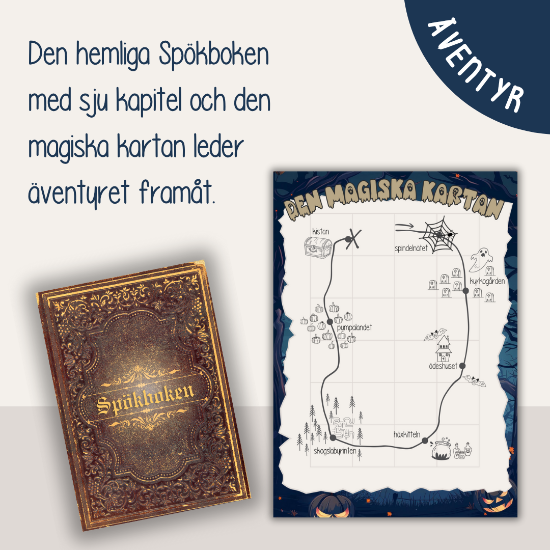 Halloweenäventyr 7-10 år - Äventyret med den hemliga Spökboken - Mysterium - Escape game för barn