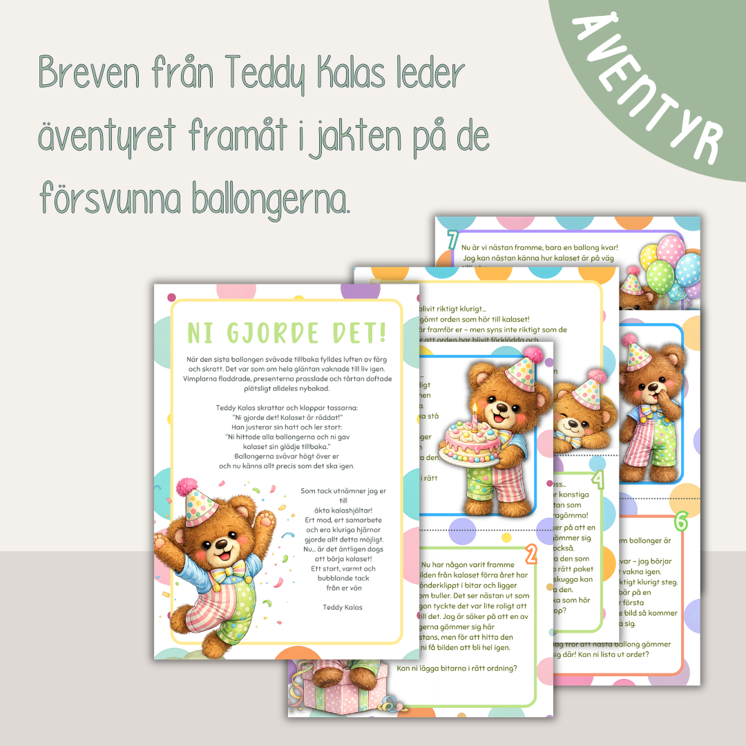 Barnkalas aktivitet – Teddy Kalas och jakten på ballongerna (färdigt kalasäventyr i presentförpackning, 3–7 år)