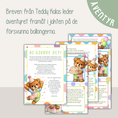 Barnkalas aktivitet – Teddy Kalas och jakten på ballongerna (färdigt kalasäventyr i presentförpackning, 3–7 år)