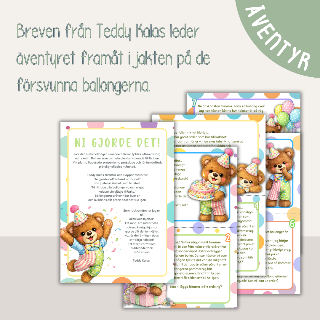 Barnkalas aktivitet – Teddy Kalas och jakten på ballongerna (skattjakt / escape game för barn 3–7 år)