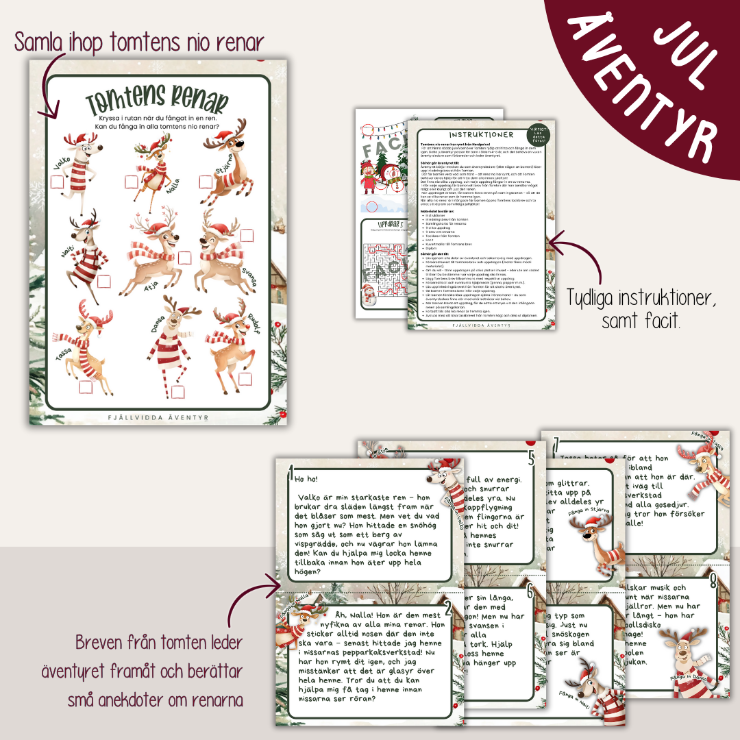 Utskrivbart juläventyr - Tomtens renar är på rymmen! Escape game för barn