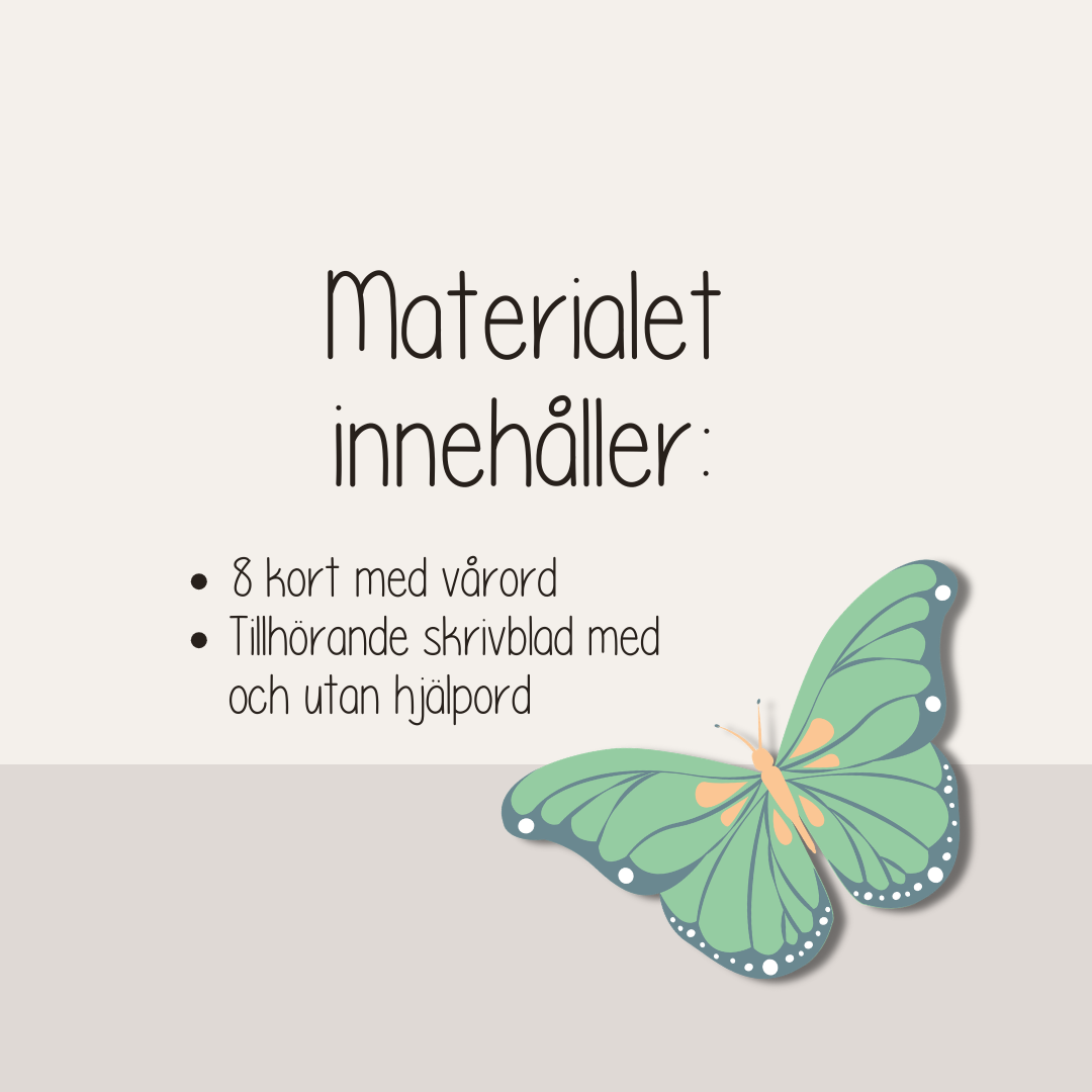 Ordkort och skrivblad vår – träna läsa, spåra och skriva (utskrivbart material för barn)
