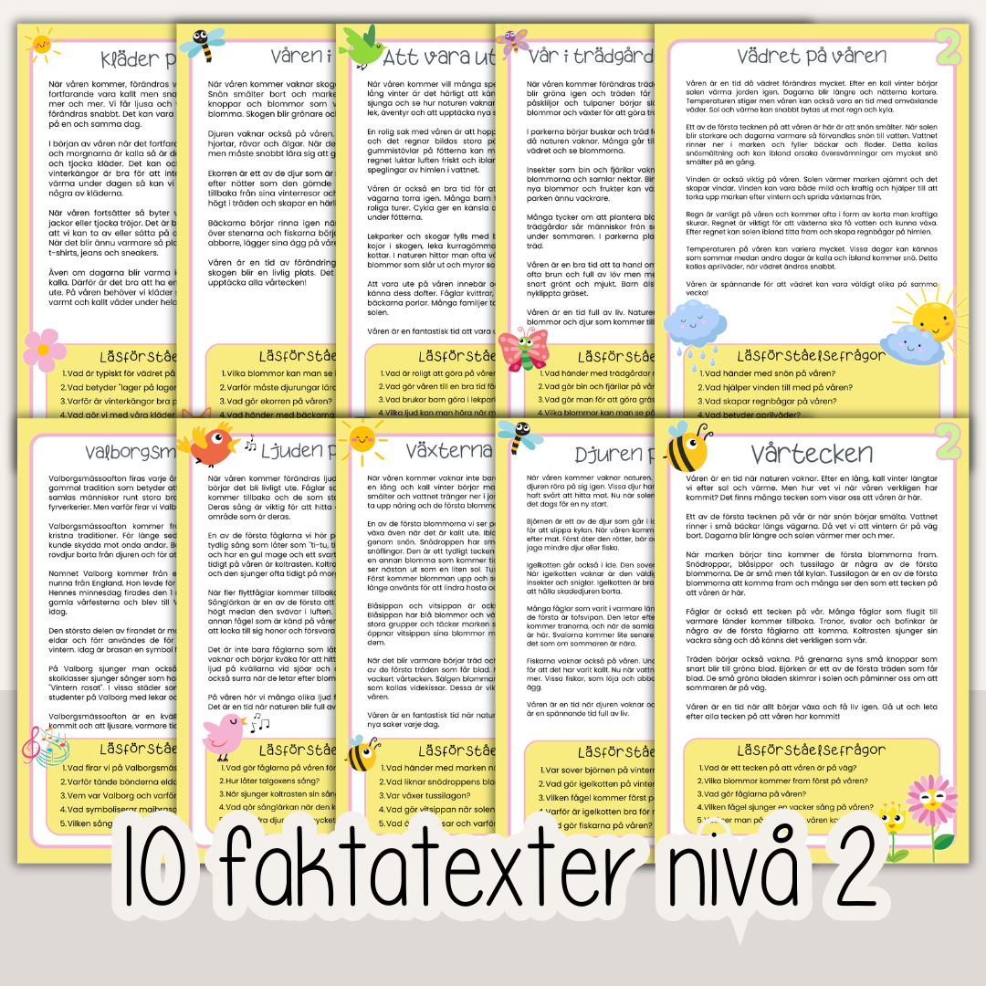 Läsförståelse vår – 10 texter med frågor i tre nivåer (arbetsblad för barn)