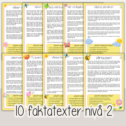 Läsförståelse vår – 10 texter med frågor i tre nivåer (arbetsblad för barn)