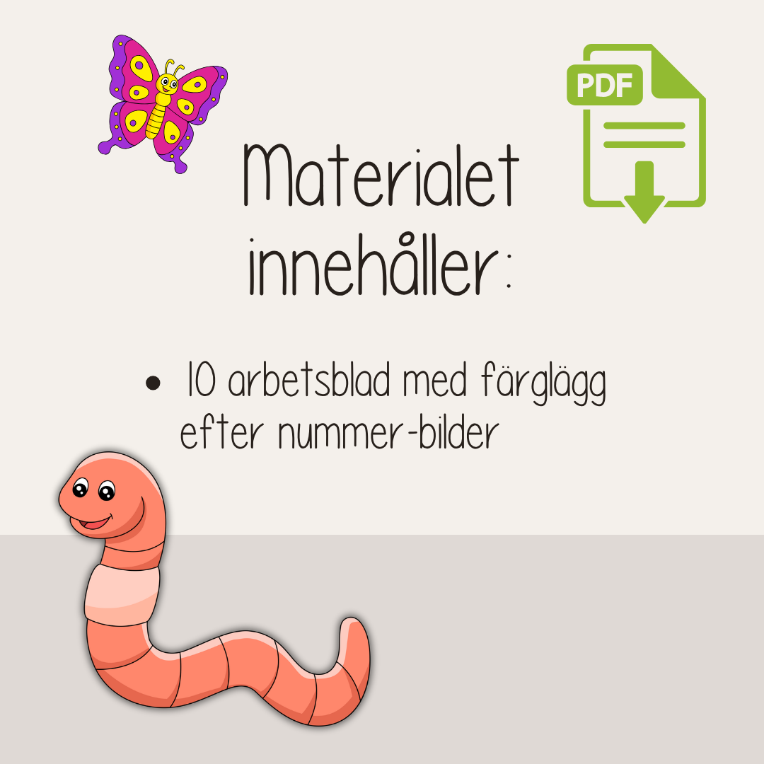 Färglägg efter nummer – 10 arbetsblad med småkryp och djur