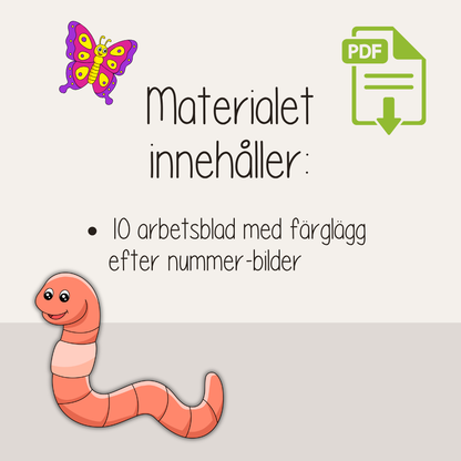 Färglägg efter nummer – 10 arbetsblad med småkryp och djur