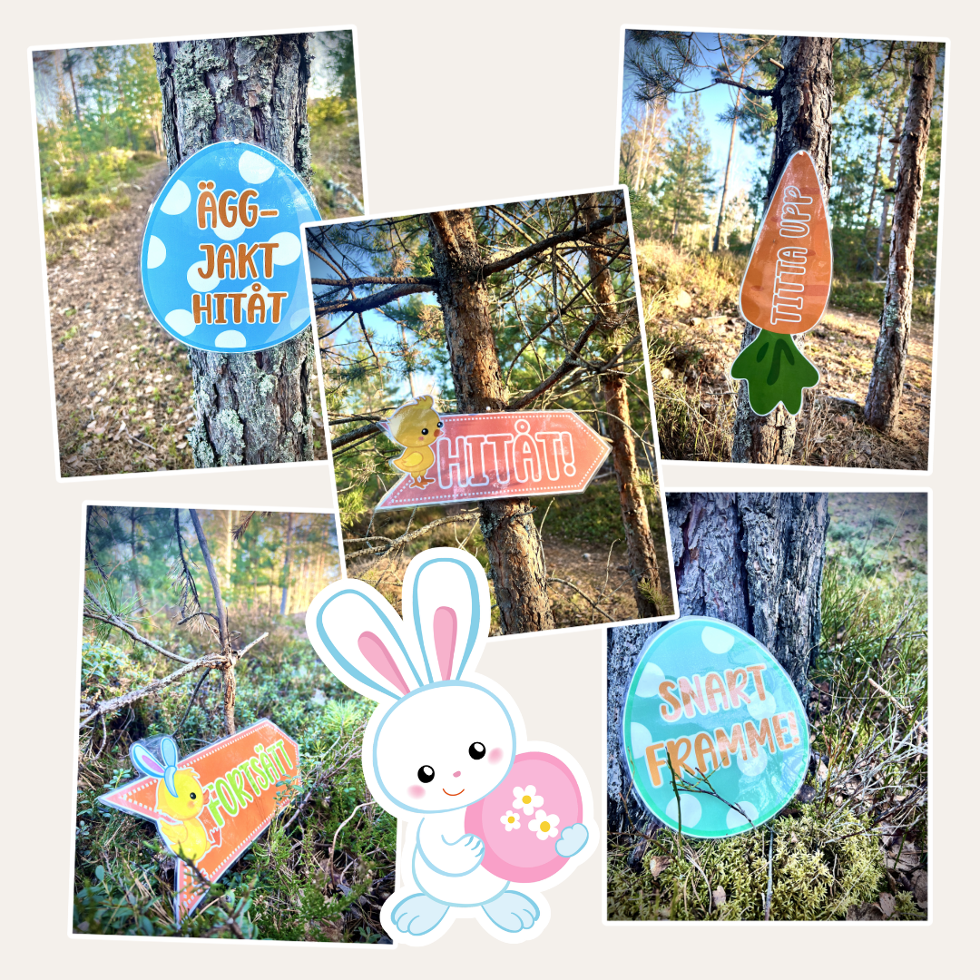 Äggjakt för barn – skyltar och påskharens spår att skriva ut (30 skyltar)