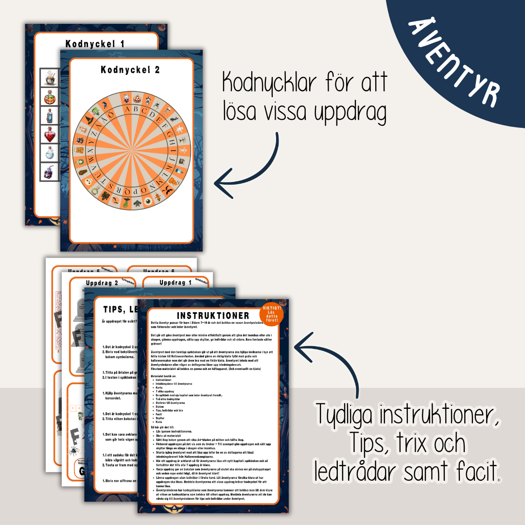 Halloweenäventyr 7-10 år - Äventyret med den hemliga Spökboken - Mysterium - Escape game för barn