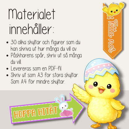 Äggjakt för barn – skyltar och påskharens spår att skriva ut (30 skyltar)