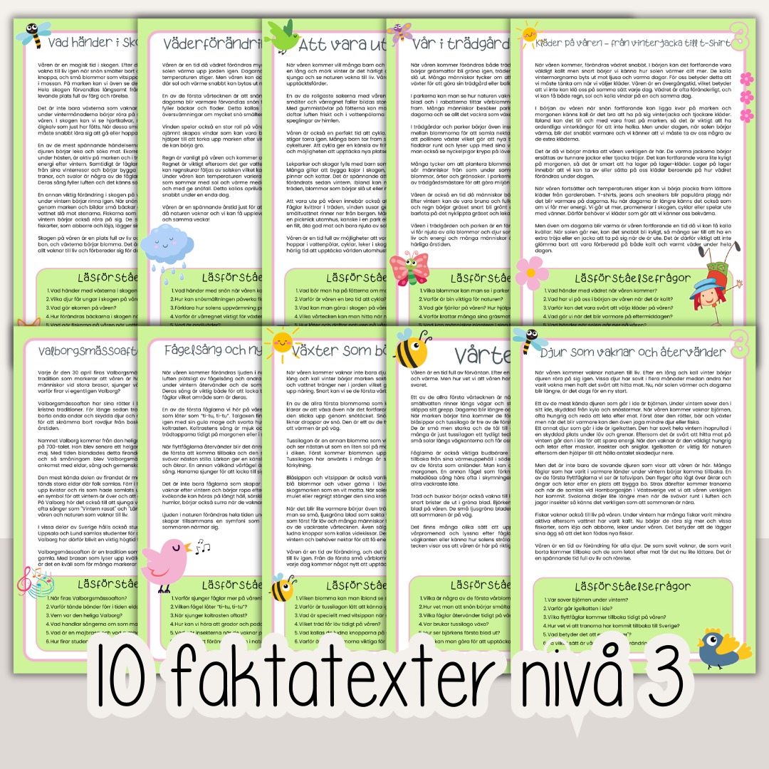 Läsförståelse vår – 10 texter med frågor i tre nivåer (arbetsblad för barn)