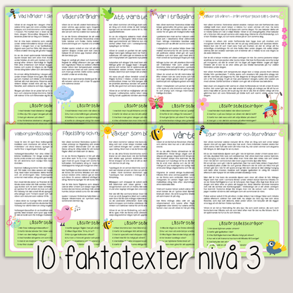 Läsförståelse vår – 10 texter med frågor i tre nivåer (arbetsblad för barn)
