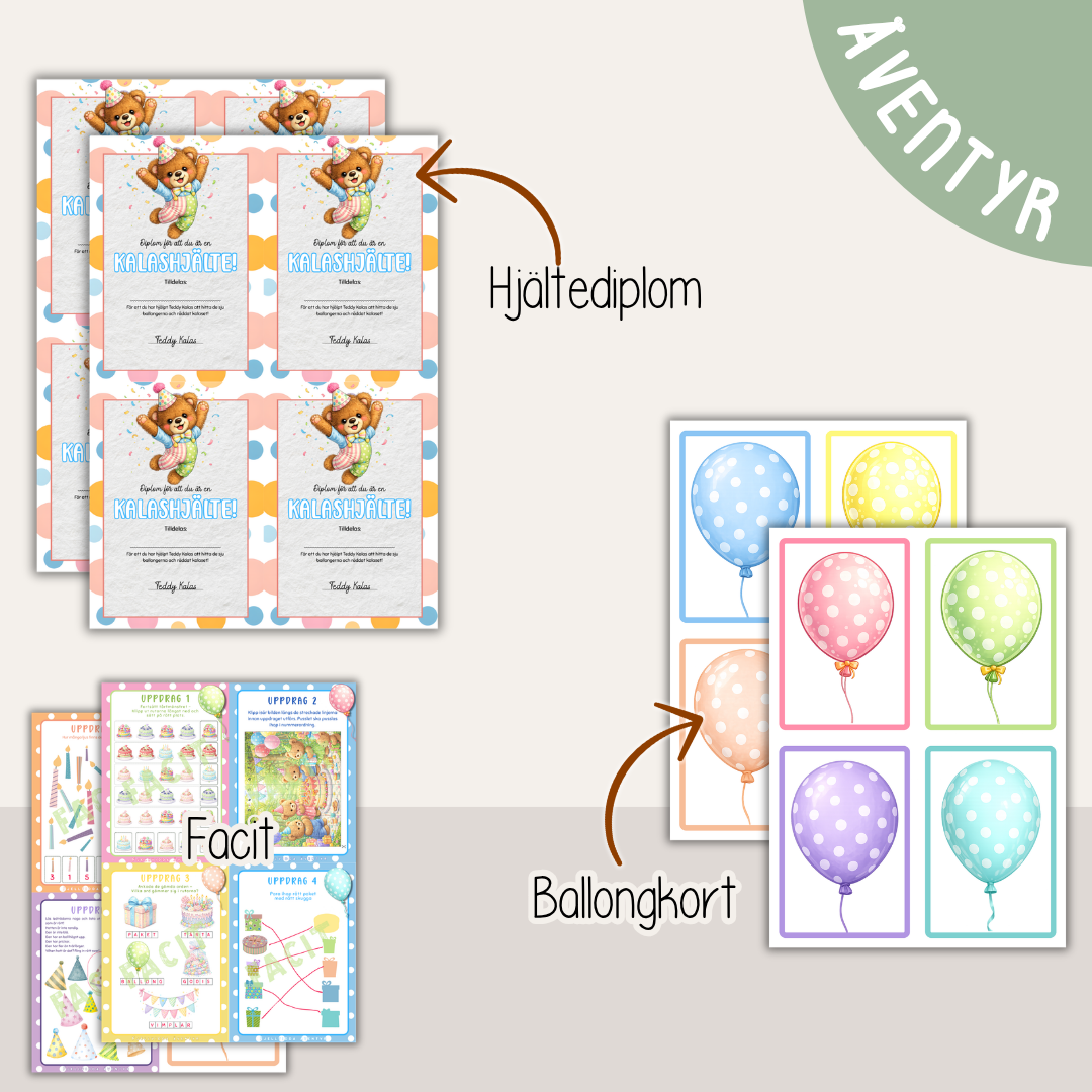 Barnkalas aktivitet – Teddy Kalas och jakten på ballongerna (färdigt kalasäventyr i presentförpackning, 3–7 år)