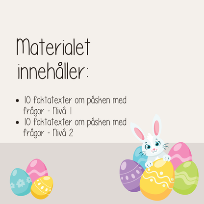 Läsförståelse påsk – 10 faktatexter med frågor i två nivåer (arbetsblad för barn)