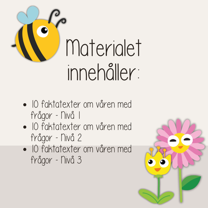 Läsförståelse vår – 10 texter med frågor i tre nivåer (arbetsblad för barn)