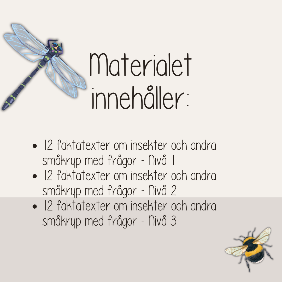 Läsförståelse småkryp och insekter – 12 faktatexter med frågor i tre nivåer