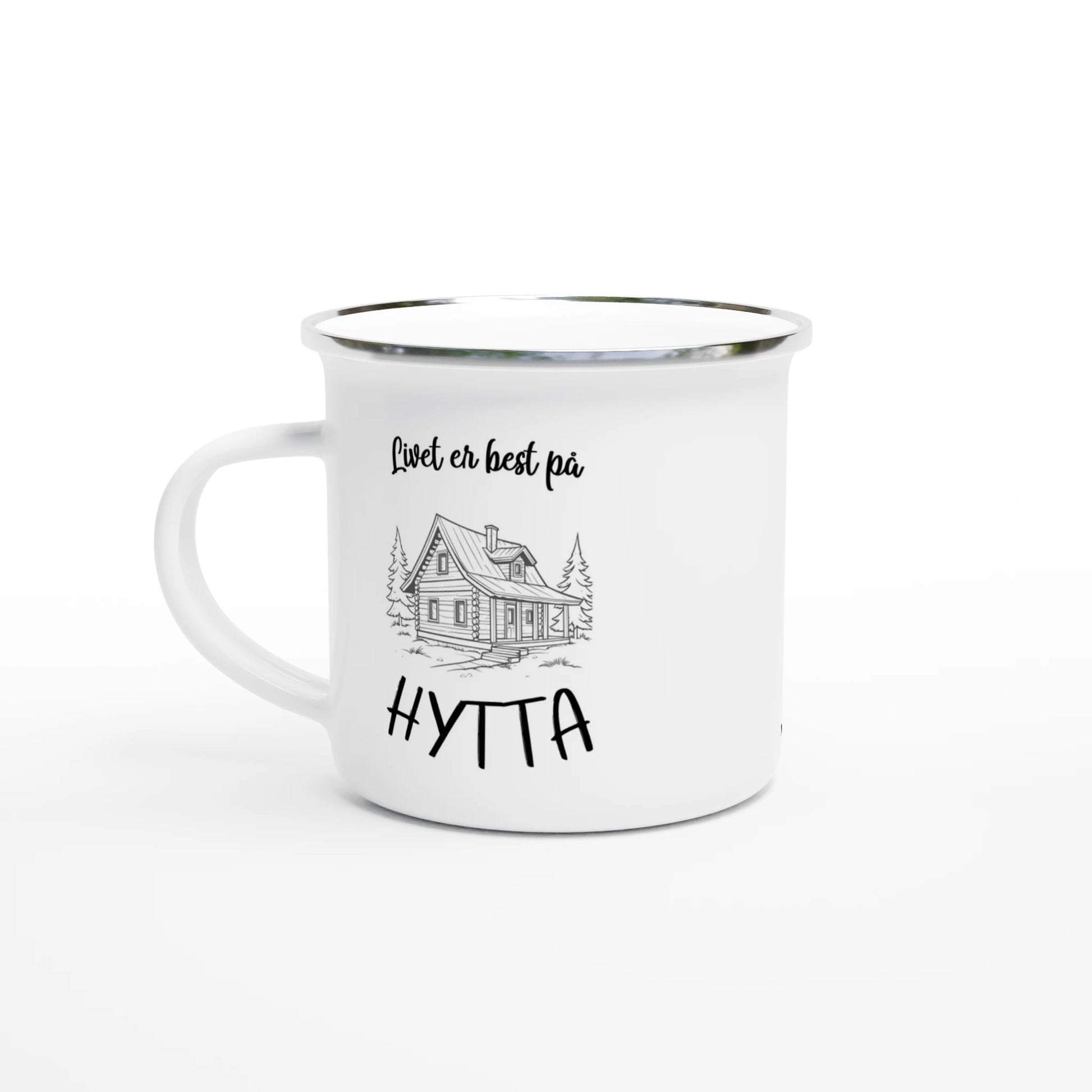 Emaljmugg med norsk text 'Livet er best på Hytta', rustik design för hytteliv och friluftsentusiaster