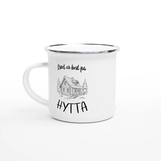 Emaljmugg med norsk text 'Livet er best på Hytta', rustik design för hytteliv och friluftsentusiaster
