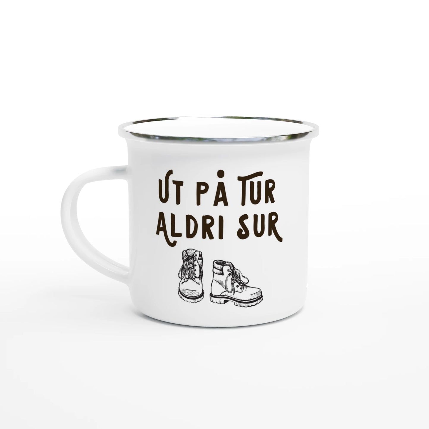 Emaljmugg med norsk text Ut på tur aldri sur, klassisk friluftsmugg för fjällvandring och äventyr