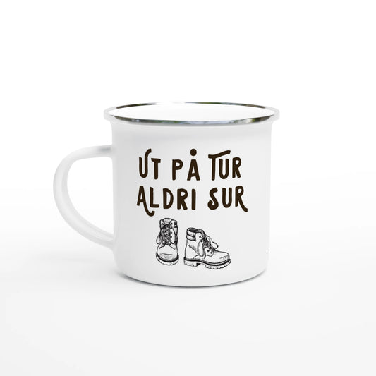 Emaljmugg med norsk text Ut på tur aldri sur, klassisk friluftsmugg för fjällvandring och äventyr