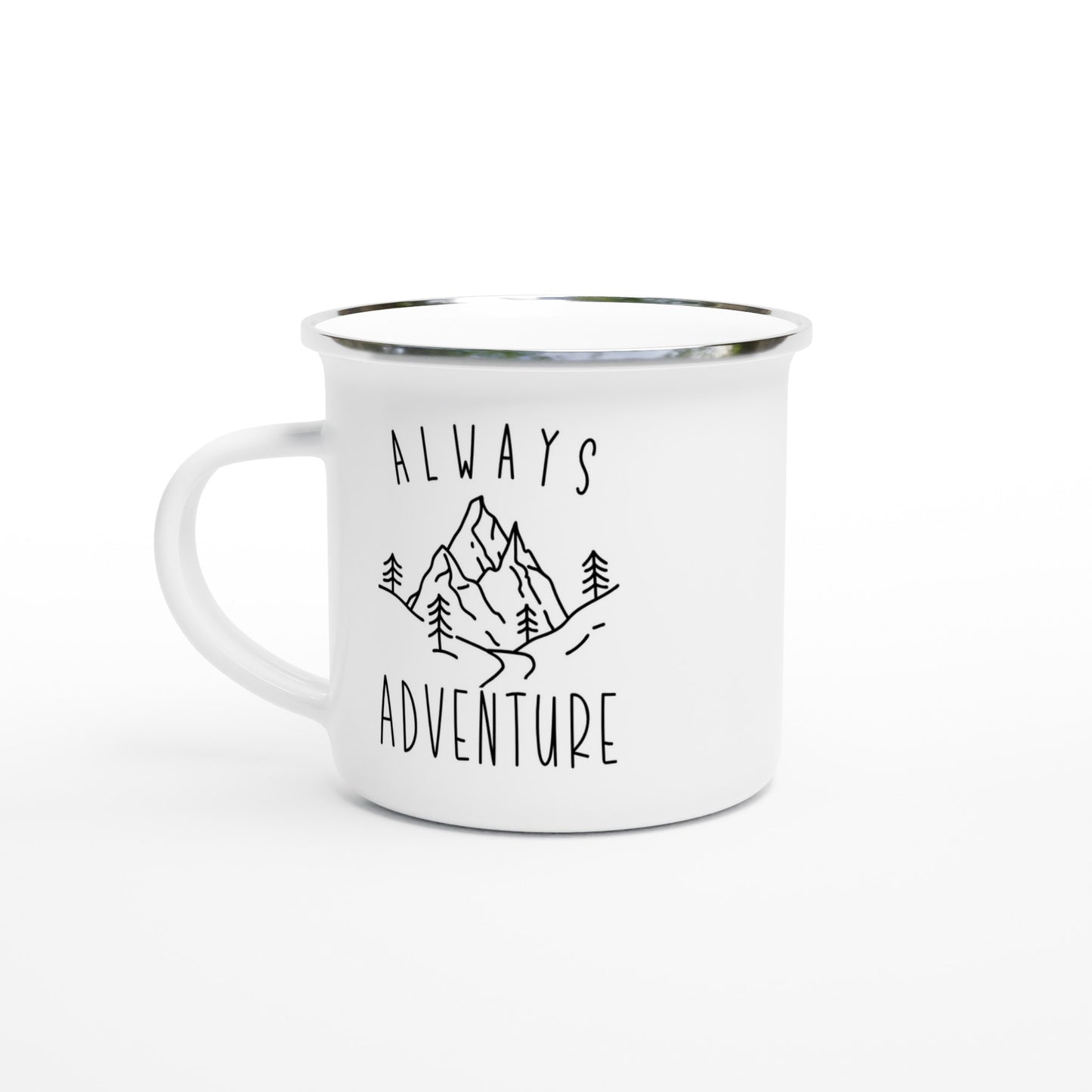 Emaljmugg med texten 'Always adventure', för dig som älskar friluftsliv, vandring och livet ute på äventyr