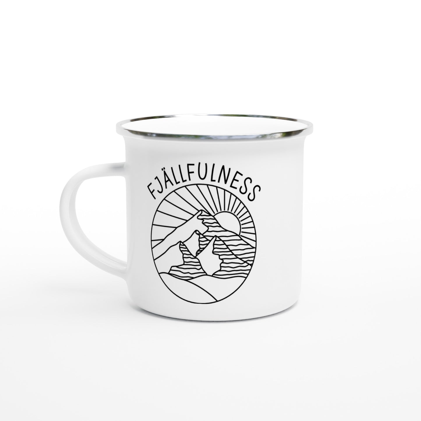 Emaljmugg med texten 'Fjällfulness', en mugg för fjällälskare som uppskattar lugn, stillhet och mindful vandring