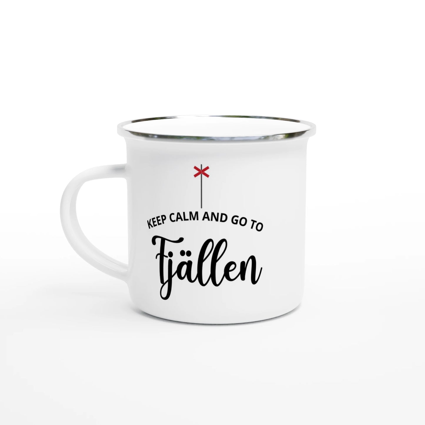 Emaljmugg med texten 'Keep calm and go to Fjällen', fjällinspirerad mugg för vandrare och naturälskare