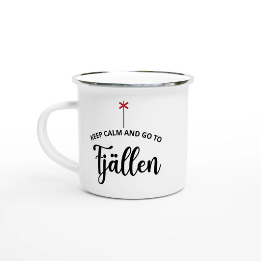 Emaljmugg med texten 'Keep calm and go to Fjällen', fjällinspirerad mugg för vandrare och naturälskare