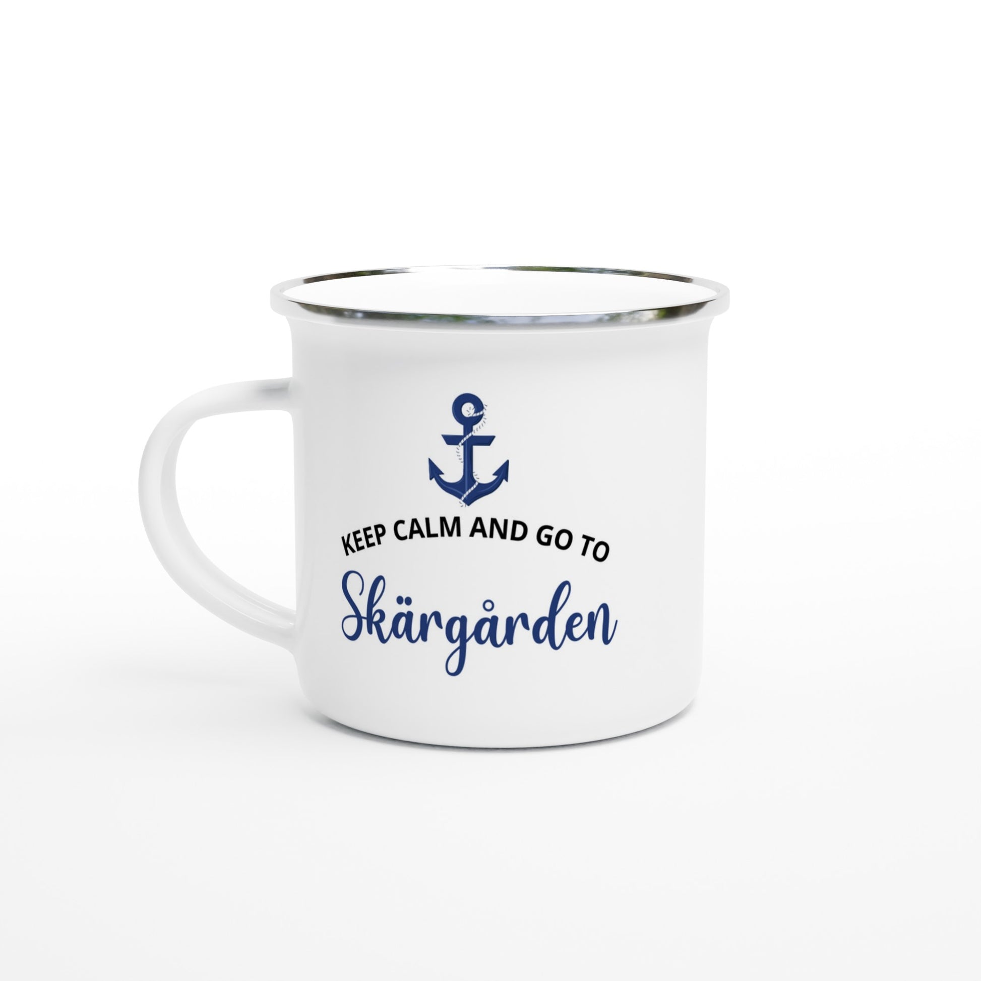 Emaljmugg med texten 'Keep calm and go to Skärgården', skärgårdsinspirerad mugg för båt- och kustliv
