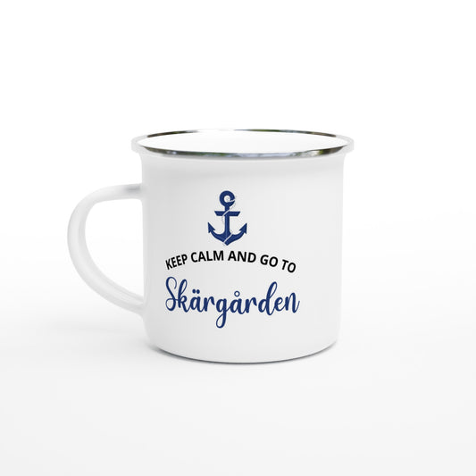 Emaljmugg med texten 'Keep calm and go to Skärgården', skärgårdsinspirerad mugg för båt- och kustliv