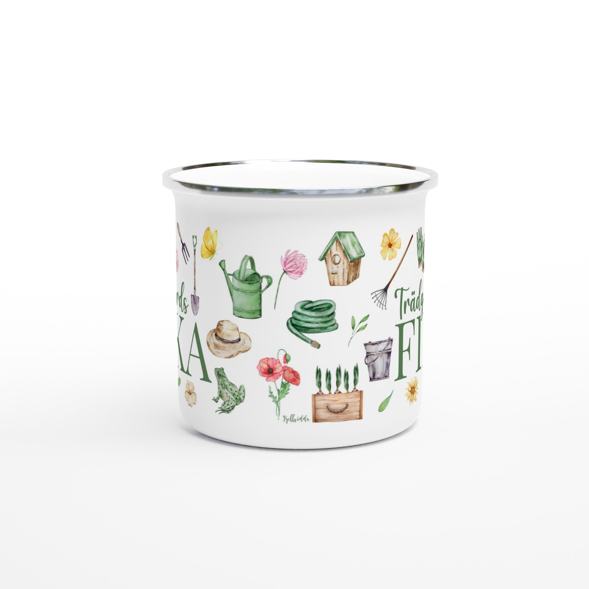 Emaljmugg med texten 'Trädgårdsfika', perfekt för kaffestunder bland blommor, humlesurr och jordiga fingrar